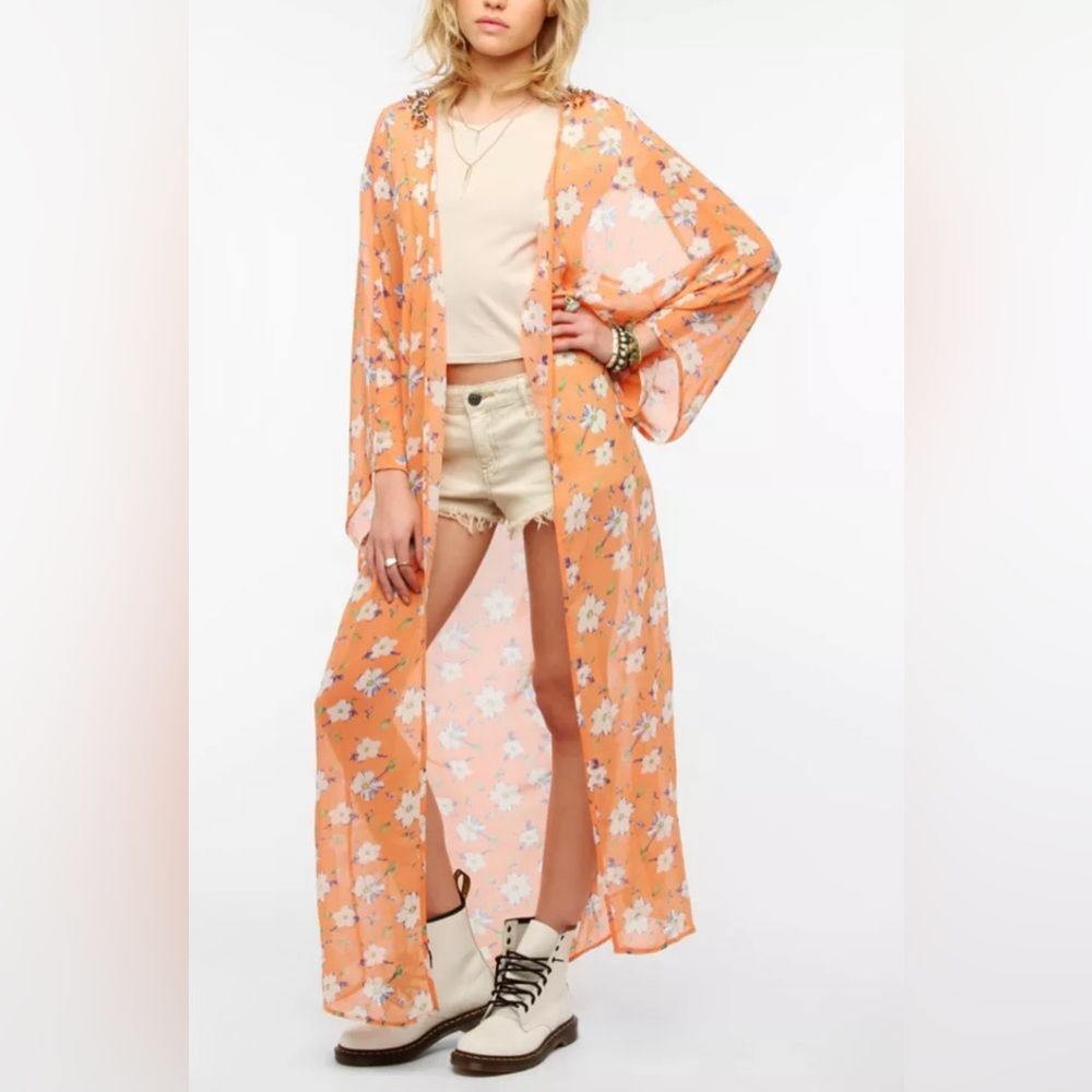 Urban Outfitters Reverse Sheer Floral Studded Peekaboo Longline Open Kimono S